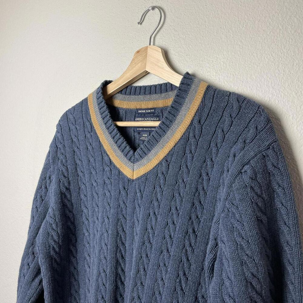 american eagle vintage slim fit cable knit sweater with navy mustard trim